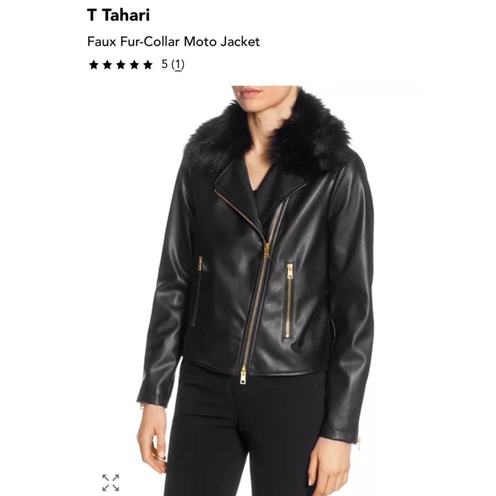NWT Tahari Womens Moto Jacket Black Faux Fur-Collar Zip Pockets S Crop Biker